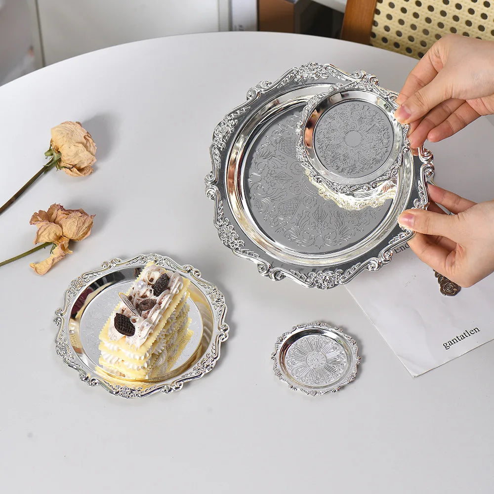 Retro Luxury Silver Trays Plates Cake Dessert Tray High Tea Snack Fruit Dish Jewelry Storage Tabletop Decor Home Hotel Supplies