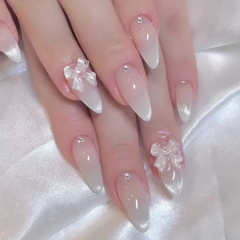 24pcs Fake Nails Crystal-Clear Smile Cat-Eye Rhinestone and Bow Designs High-Quality Press-On Nails Perfect as Gifts for Girls