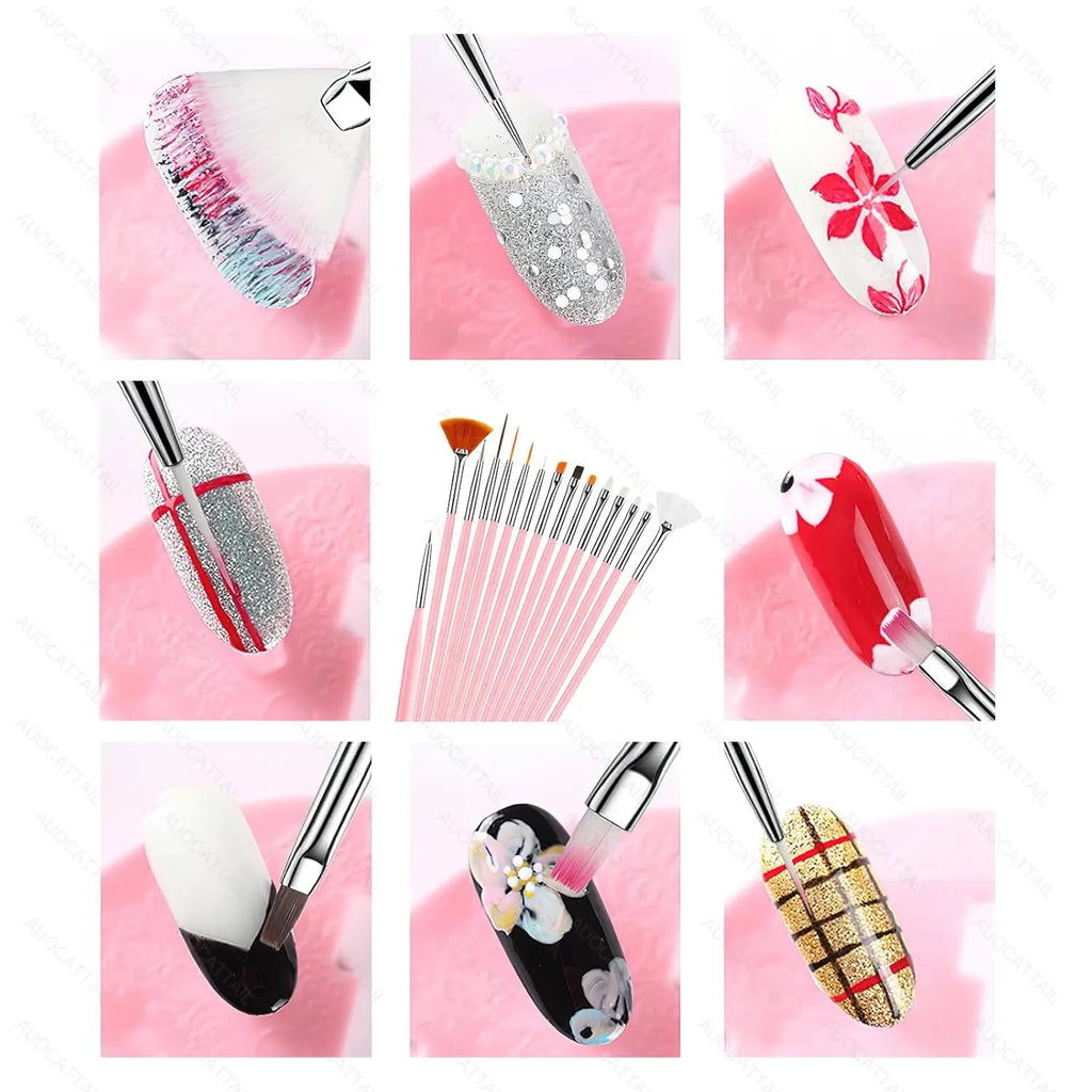 15/20Pcs Nail Art Brush Set Design Tip Painting Drawing Carving Dotting Pen FlatFan Liner Acrylic Gel UV Polish Manicure Tools