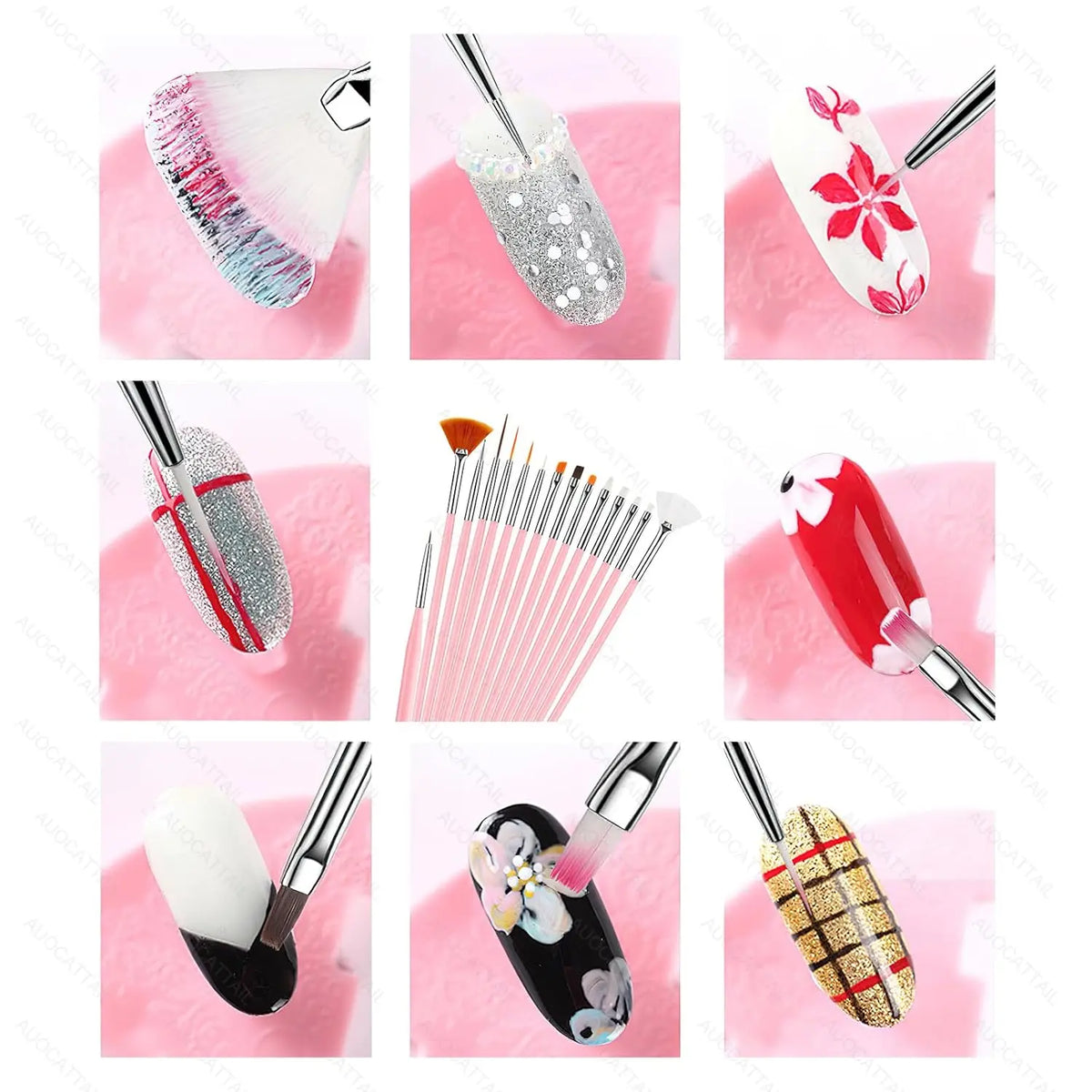 15/20Pcs Nail Art Brush Set Design Tip Painting Drawing Carving Dotting Pen FlatFan Liner Acrylic Gel UV Polish Manicure Tools