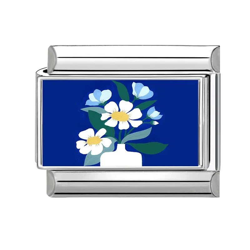 Wholesale Blue Series Beautiful Blue Flowers Italian Charms Fit 9mm Stainless Steel Women Fashion Bracelet DIY Jewelry Gifts