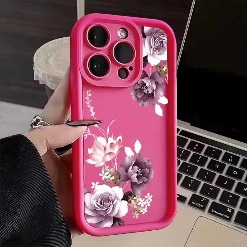 Purple Flower Pattern Phone Case For iPhone 17 16 15 14 13 12 11 Pro Plus Max XR 17 Air 16E Shockproof Soft Silicone Back Cover