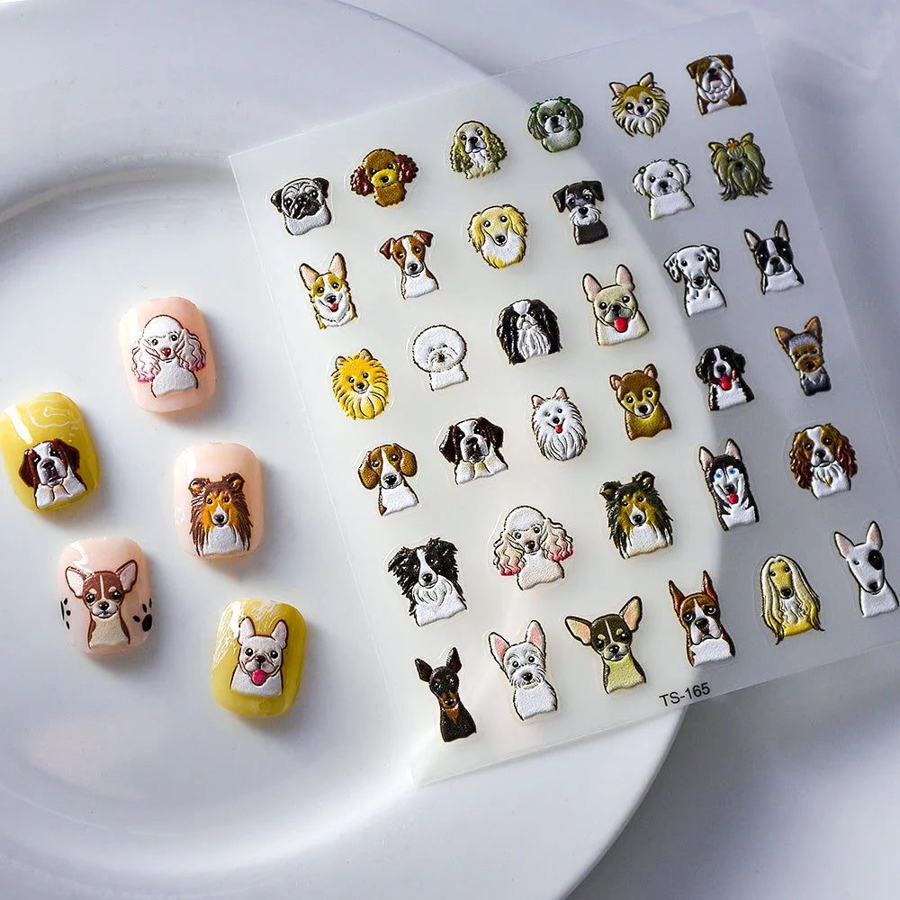 5D Cute Cartoon Dog Nail Art Stickers Decals Self-adhesive Slider 5D Embossed Nail Sticke Lovely Dog Manicure Design Supplies