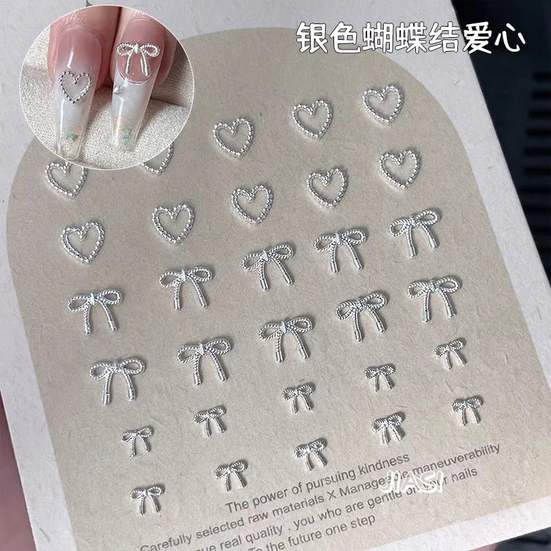 30Pcs Alloy Bowknot Love Nails Charms Decorations 3D Luxury Metal Silver Bows Jewelry Nail Art Parts DIY Manicure Designs Supply