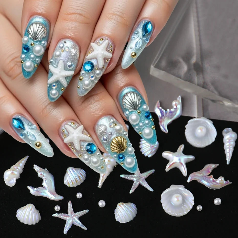 Aurora Ocean Shell Starfish Nail Charms Mini Conch Jellyfish Nail Decoration Mermaid Series Elegant Sea Creature Manicure Access