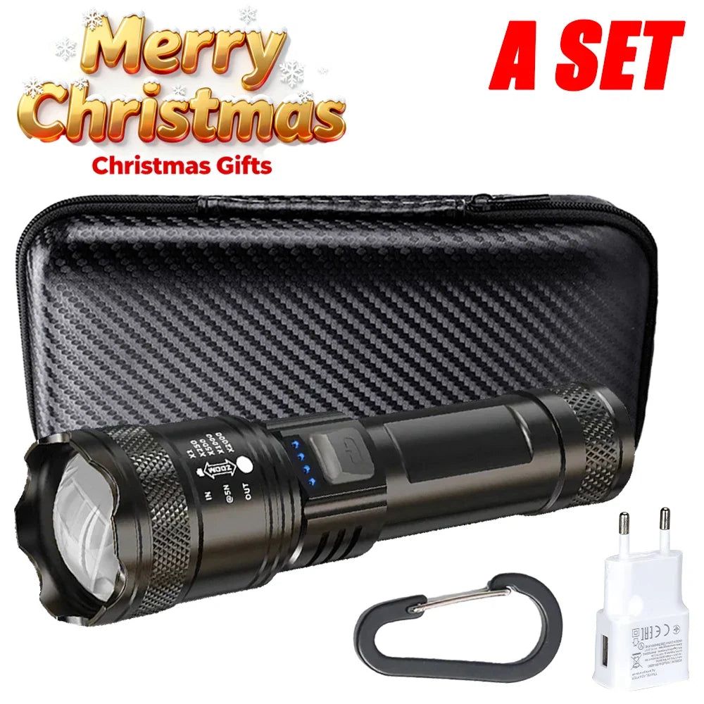 Super Bright LED Flashlight USB Rechargeable Torch Zoomable Waterproof Torch Outdoor Portable Emergency Light for Camping Hiking