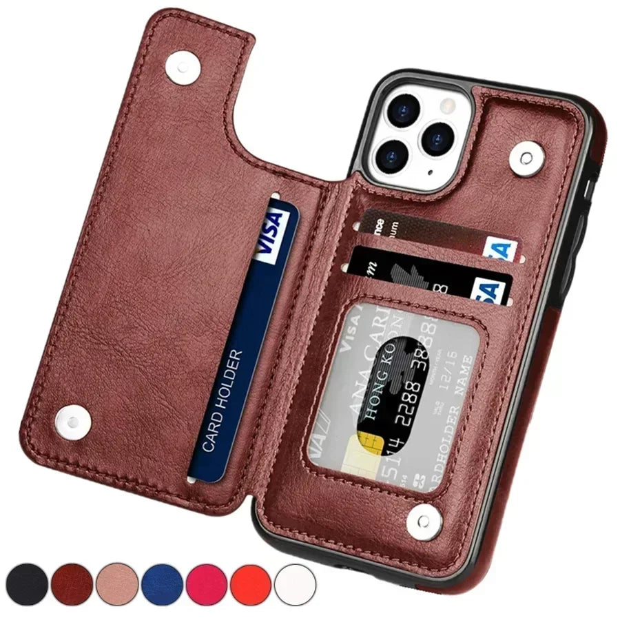 Wallet Double Button With Card Slot Stand Flip Leather Case For iPhone 16e 16 Pro Max 15 Plus 14 13 12 Mini 11 SE3 SE2 X XR 8 7