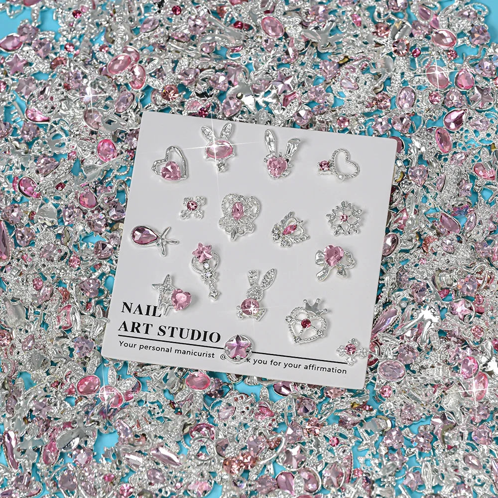 30pcs Mixed Set Golden Alloy Rabbit Nail Decoration Five-Pointed Star Heart Pink Diamond Nail Charms Metal Bow Nail Rhinestones