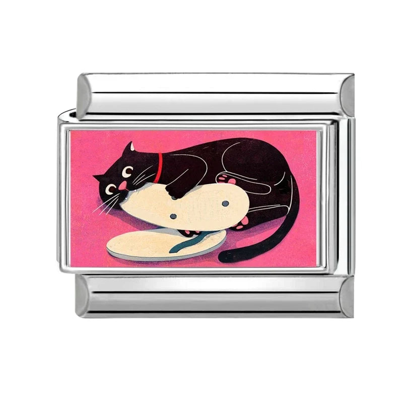 Wholesale 2025 Fashion Cute Black Cat Series Dog Pet Animals Italian Charm Fit 9mm Stainless Steel Women DIY Bracelet Jewelrys
