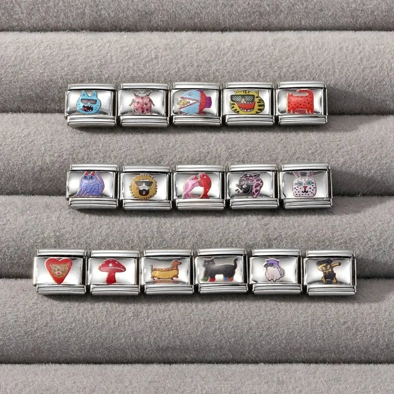 Fashion Pink Heart Tigers Colorful Cats Rabbit Mushroom Italian Charm Fit 9mm Stainless Steel Women Fashion Bracelet DIY Jewelry