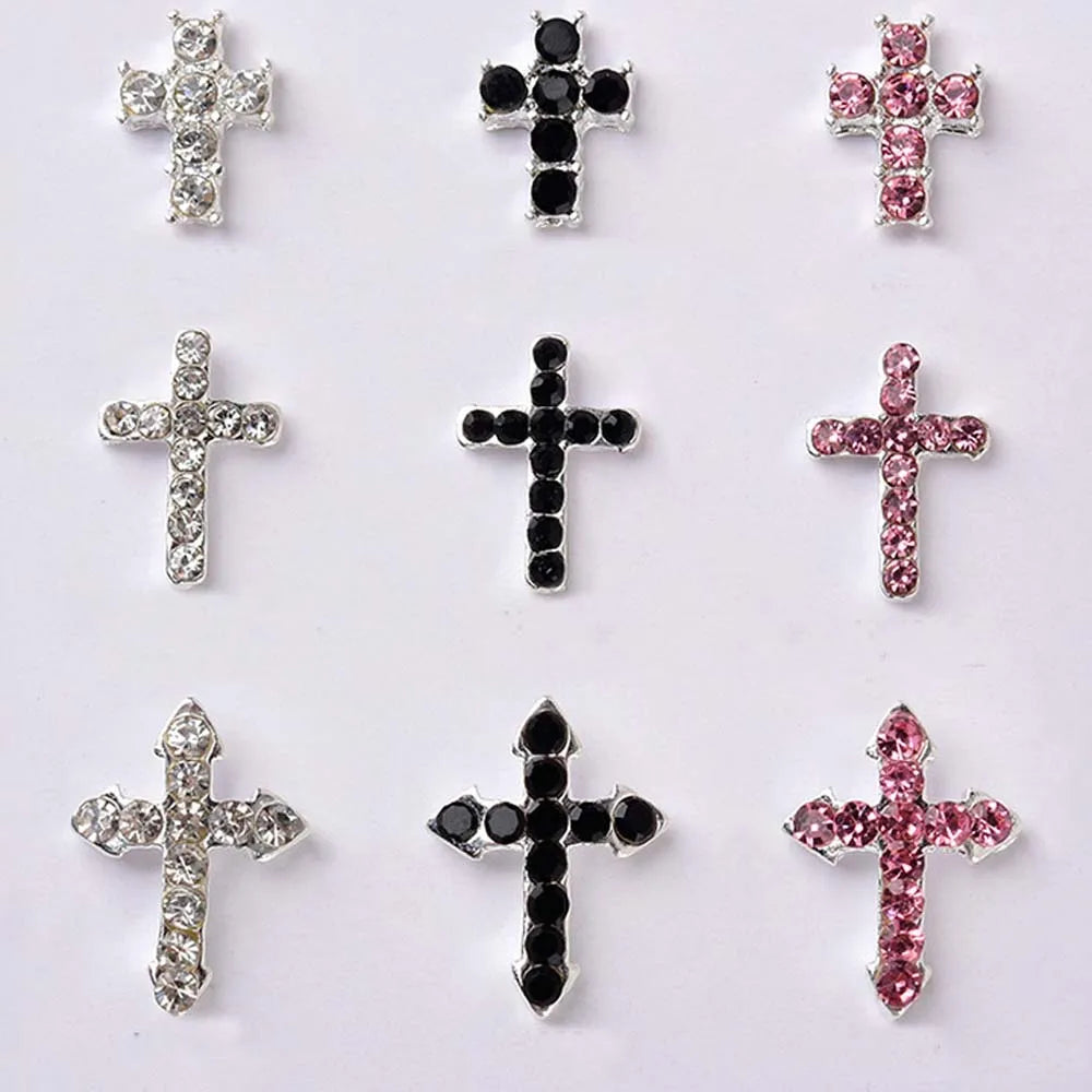10Pcs Classic Full Glitter Rhinestones Cross Nail Art Charms 3D Punk Silver Diamond Cross Nail Decoration Luxury DIY Nail Parts