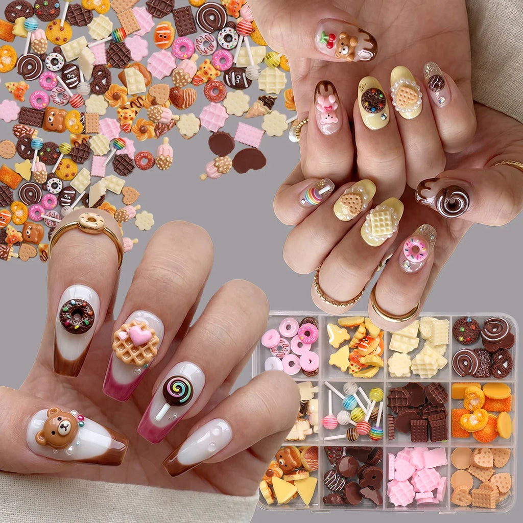 12Grids Box Sweet Dessert Nail Art Charms 3D Resin Donut Chocolate Lollipop Gems Kawaii Style for Music Festival Party DI