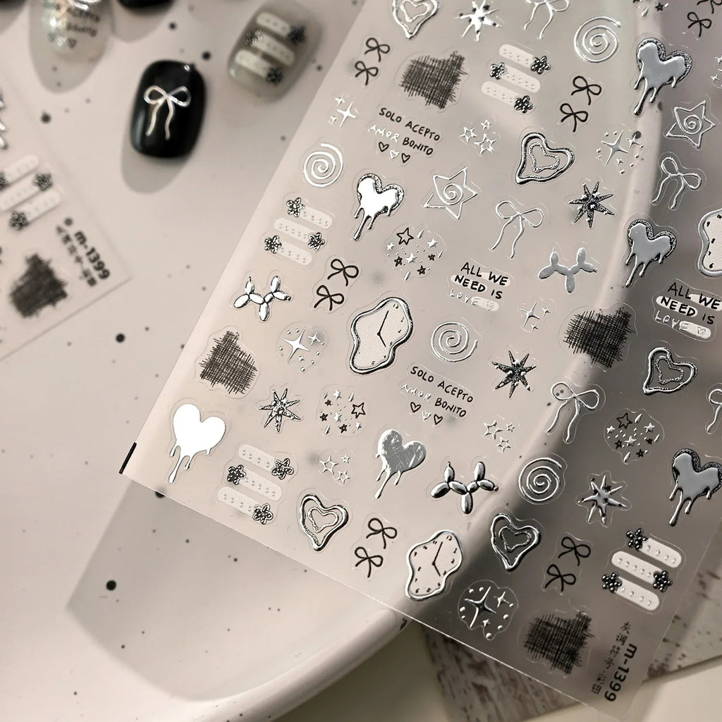 5D Nail Stickers Cute Stars Bow Nail Art Stickers Silver Metallic Metal Graffiti Gray Y2K Symbol DIY Nail 3D Decorations Decals