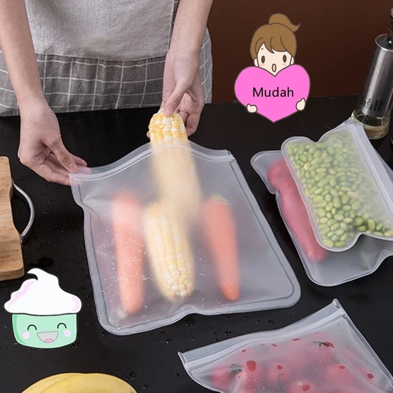 5pc Kitchen Accessories Fruit and Vegetable Silicone Bag Reusable Fresh-keeping Sealed Bag Refrigerator Food Storage Ziplock Bag