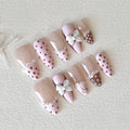 24Pcs Mid-length Almond Fake Nails Pink Brown Polka Dot Lace French Press on False Nails 3D Bow Pearl Wearable Manicure Tips Art