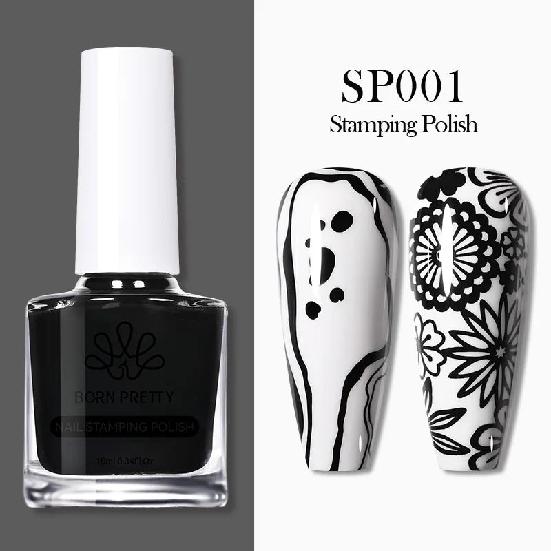 BORN PRETTY 10ml Nail Art Stamping Polish for Manicure Printing Design Black White Nail Art Varnish Need No Smudge Top Coat Oil
