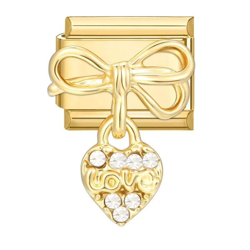 Fashion Dreamy Luxury Gold Color Series Red Heart Bows Zircon  Italian Charms Fit 9mm Stainless Steel Women Bracelet DIY Jewelry