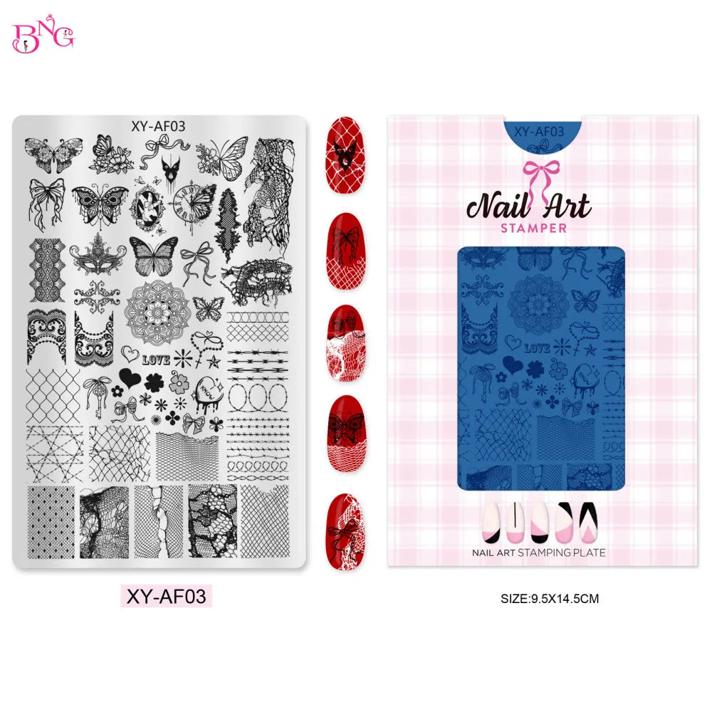 BNG Plaid Nail Stamping Plate Love  Animals Star Nail Printing Stencil Templates Nail Art Stamper Manicure Tools