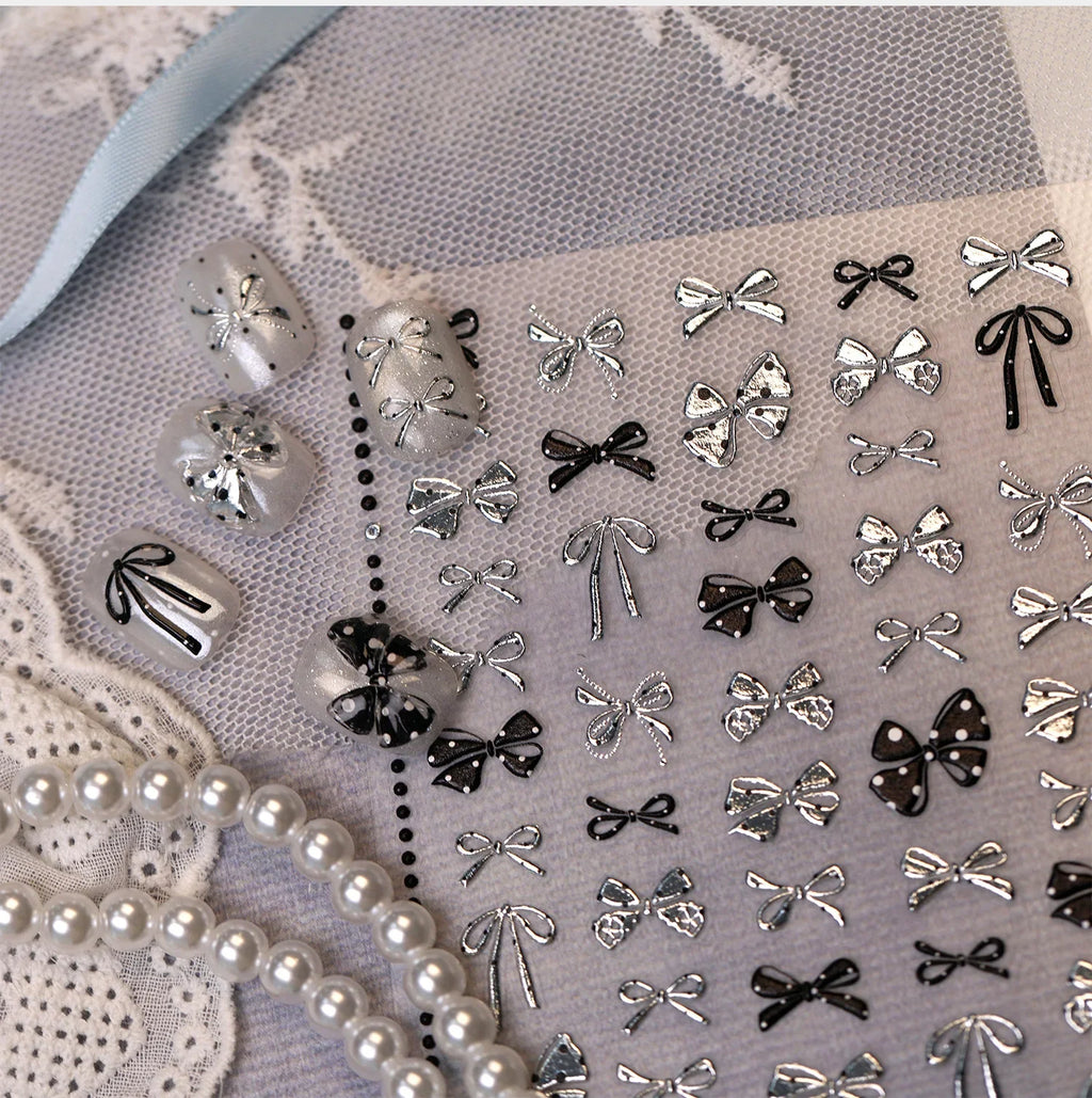 Metal Bow 5D Nail Art Stickers Black White Dot Bow Silver Embossed Y2K Bowknot Self Adhesive Punk Nail Decor Manicure Supplies