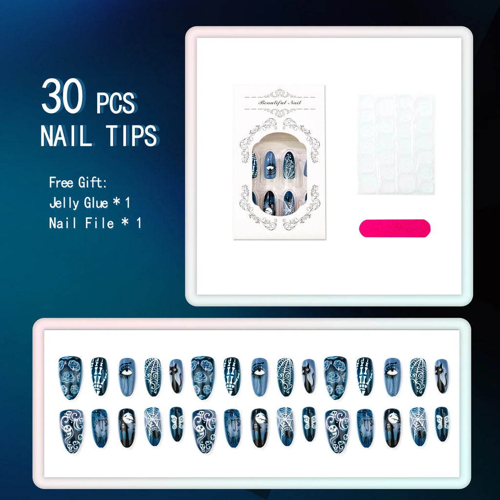 30pcs Halloween Press On Nails Gothic Skeleton Skull Spider Web Black Cat Haunted House Fake Nail Almond False Nail for Women