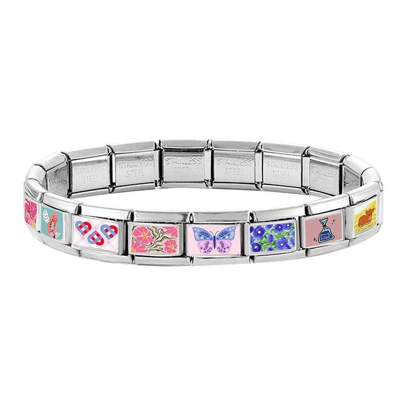 Wholesale 2026 Fashion Cute Cow Flowers Field Fish Bag Charm Italian Links Fit 9mm Bracelet Stainless Steel Making DIY Jewelry