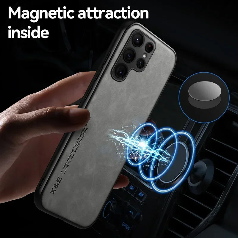 Luxury Leather Case For Samsung S26 S25 S24 S23 Ultra S25 FE A17 A16 A57 A56 A37 A36 5G Cover With Metal Plate Support Car Hold