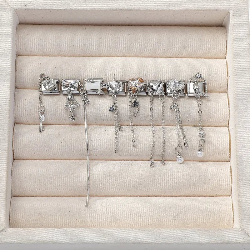 2026 Wholesale Love Heart Lock Bright Zircon Long Pendant Italian Charm Links Fit 9mm Stainless Steel Bracelet DIY Making Gifts