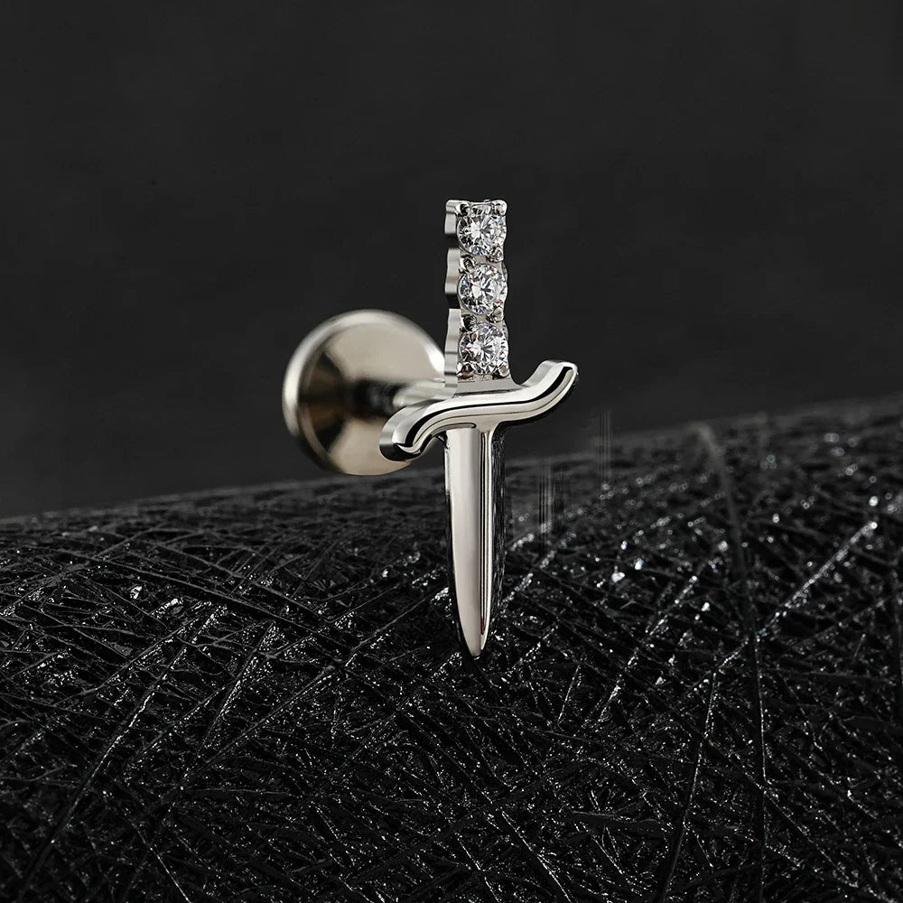 Right Grand ASTM F136 Titanium Cubic Zirconia Sword Flat Back Stud Earring 16G Tiny Poniard Helix Tragus Cartilage Lip Piercing