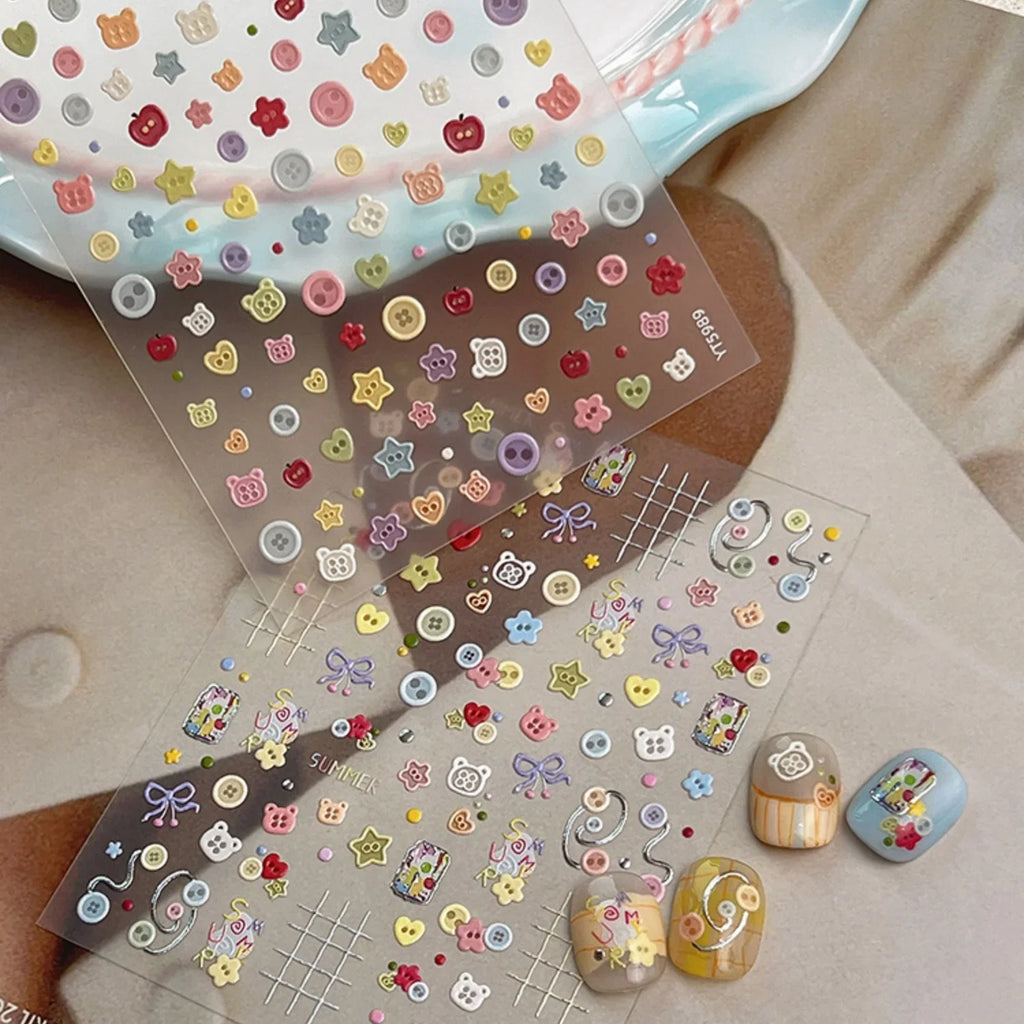 SUMMER Cute 5D Nail Art Sticker Color Button Bear Head Heart Star Bow Plaid Line Childlike Style Self Adhesive Decals Sweet DIY