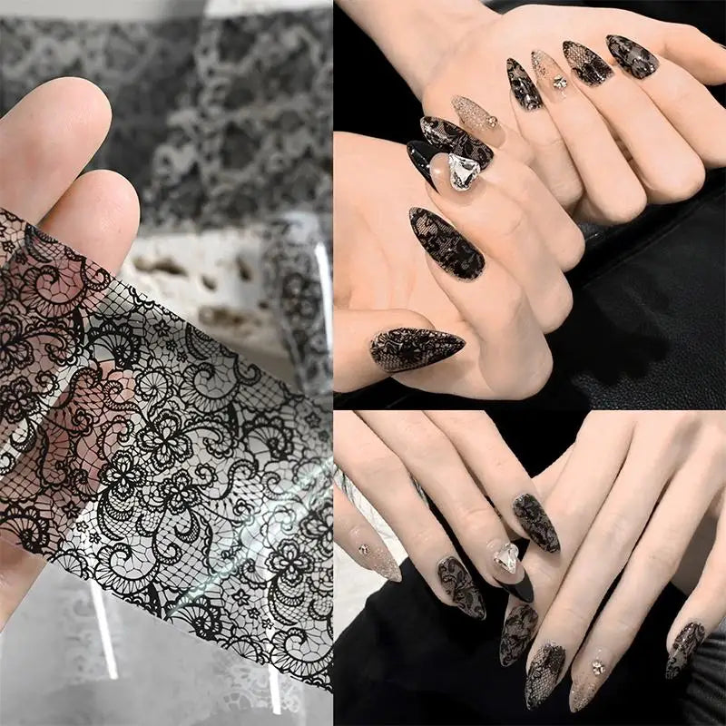 ✰✪Nail Art Transfer Foils Set Black White Red Lace Flowers Design Nail Stickers 10 Rolls DIY Manicure Decoration for Women