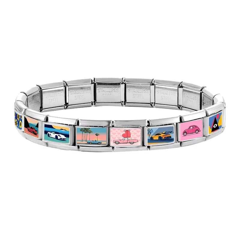 Wholesale 2026  Men Women Fashion Vintage Sports Car Pattern Italian Charms Fit 9mm Stainless Steel Bracelet DIY Jewelry Gifts