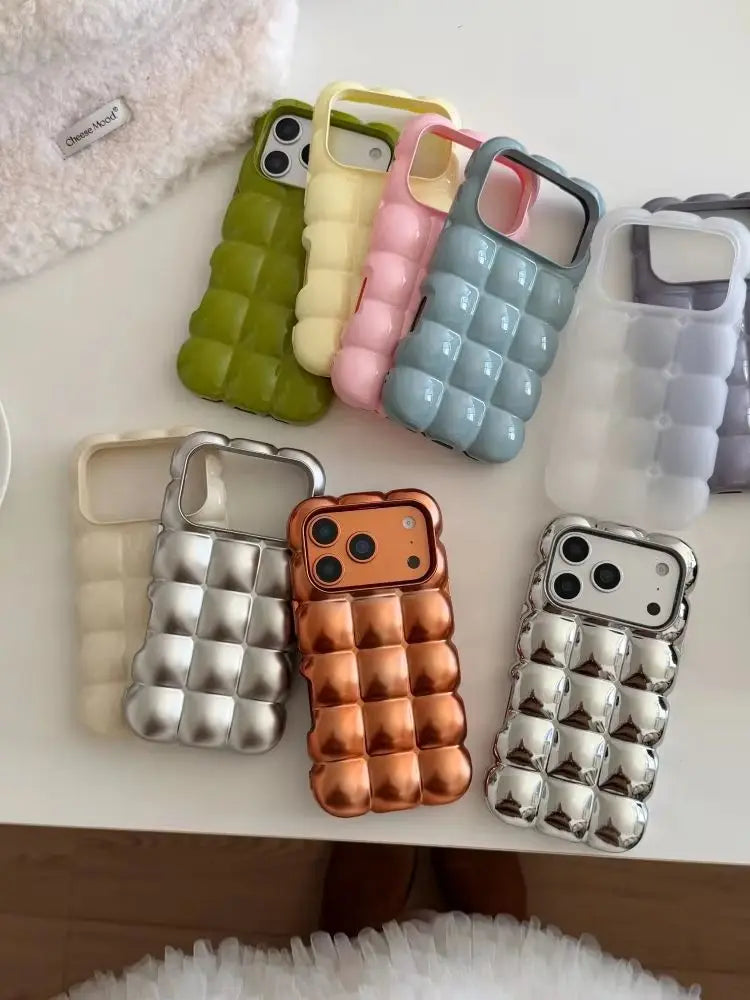Cartoon Lattice 3D Block Plating Case for iPhone 17 16 15 Pro Max 14 12 13 11 Glossy Candy Solid Color Shockproof Soft TPU Cover
