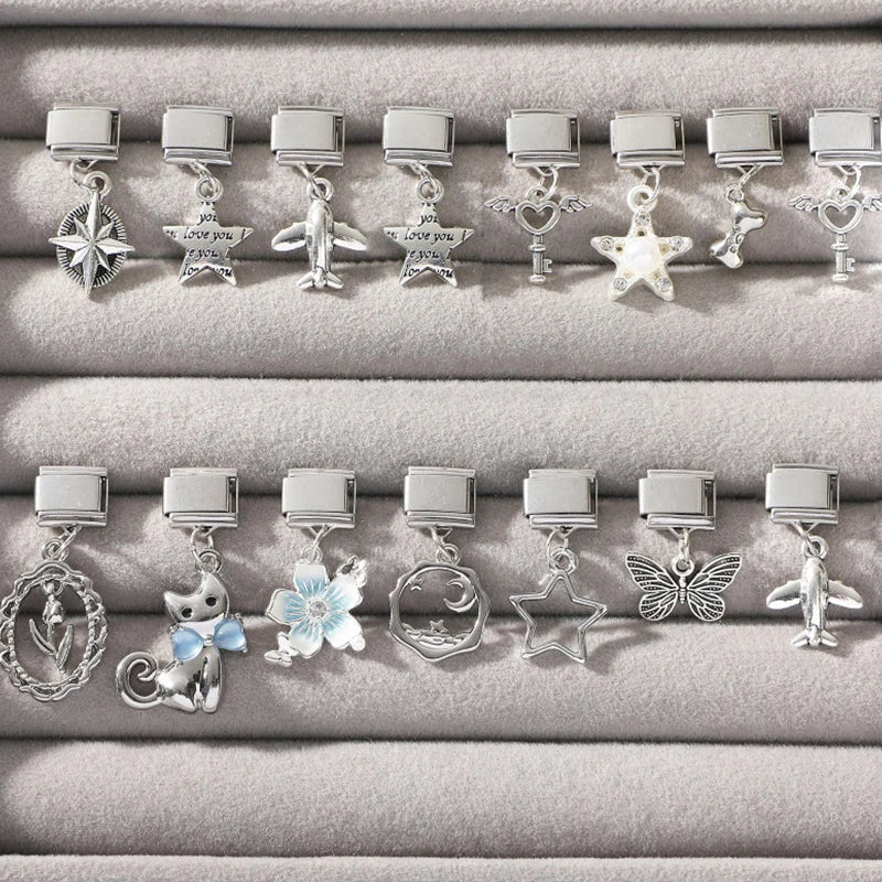 Cute Y2K Cat Butterfly Heart Flower Crab Star Bow Pendant Italian Charm Link Stainless Steel Fit 9mm Bracelet DIY Making Jewerly