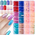 288pcs Red Blue Cat Eye Medium Coffin Press On Nails Colorful French Short Round Square False Nails Glossy Glitter Fake Nail Tip