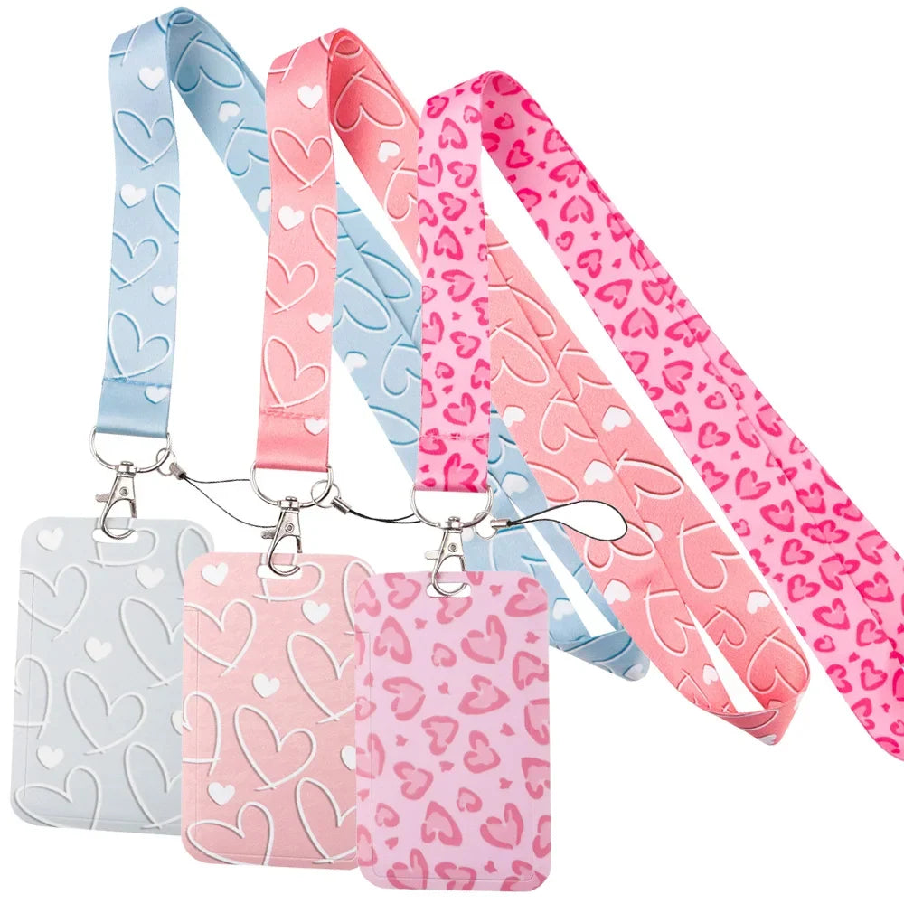 Cute Simple Pink Heart Women Neck Strap Phone Charm Keychain Badge Holder ID Card Pass Hang Rope Lariat Lanyard for Key Rings