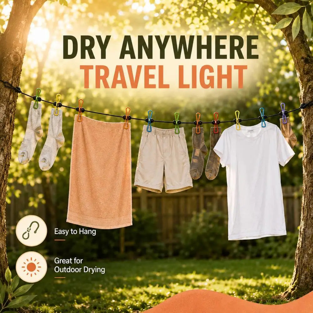 1.8 m portable elastic clothesline with 12 color clips, anti-slip, travel outdoor camping, windproof clothes drying rope