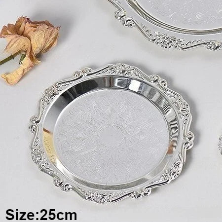Retro Luxury Silver Trays Plates Cake Dessert Tray High Tea Snack Fruit Dish Jewelry Storage Tabletop Decor Home Hotel Supplies