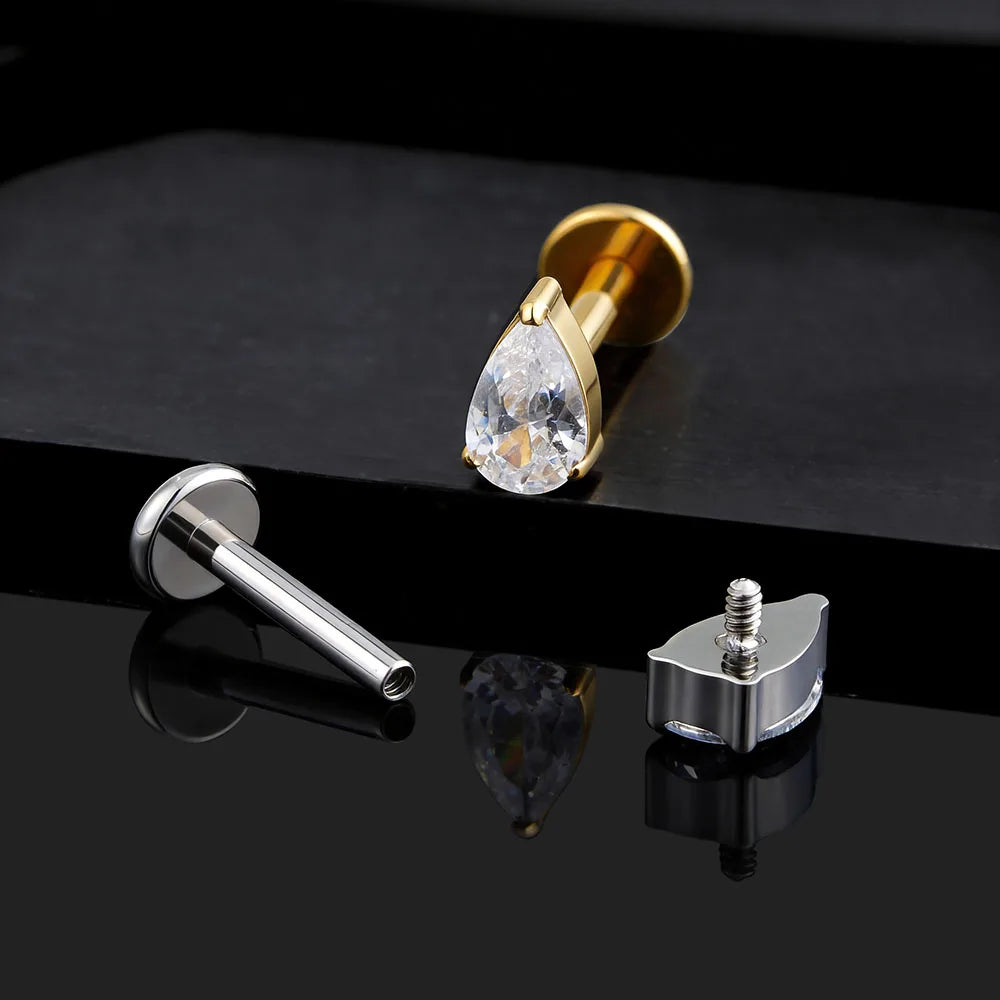 Right Grand ASTM F136 Titanium Teardrop CZ Cartilage Earring 16G Dainty Pear Forward Helix Stud Flatback Labret Piercing Jewelry