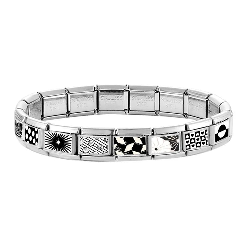 2026 Fashion Black White Round Stars Polka Point Italian Charm Links Fit 9mm Stainless Steel Bracelet Jewelry DIY Making Beads