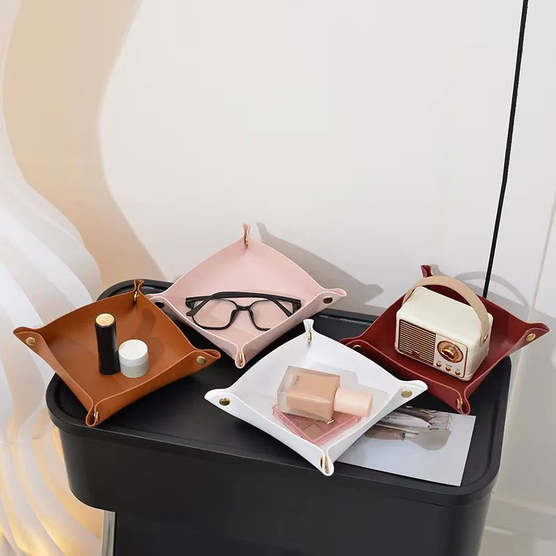 PU Valet Tray Foldable Storage Tray Makeup Keys Coins Snacks Desktop Nightstand Organizer Multi-purpose Leather Tray