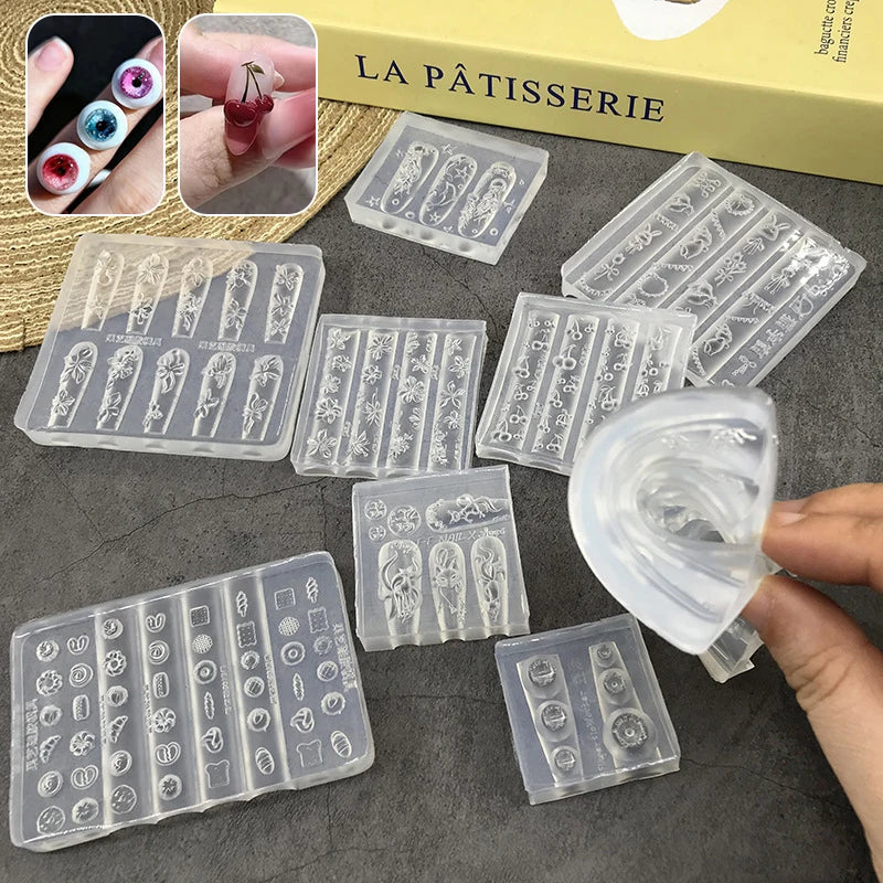 3D Nail Mold Ice Flower Bread Jellyfish Fox Eyeball Stamping Stencils UV Gel Polish Art Mould Silicone Carving Tool DIY Design