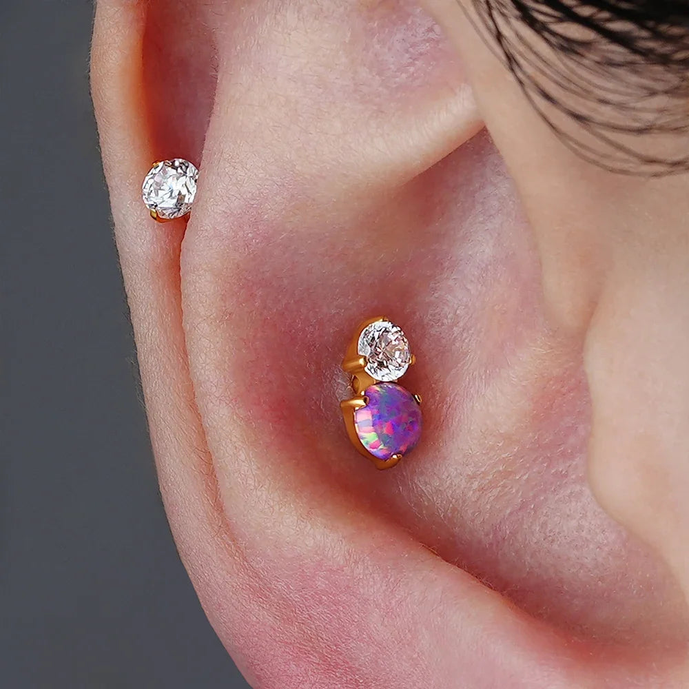 Right Grand ASTM F136 Titanium Opal and CZ Lip Stud Helix Earring 16G Internally Threaded Tragus Cartilage Conch Labret Piercing