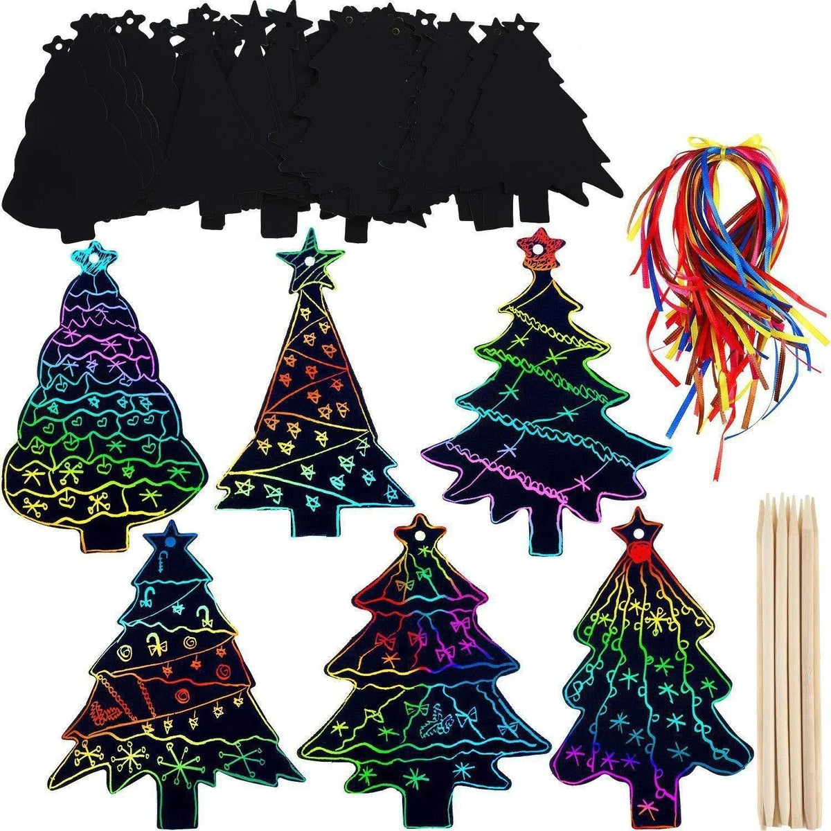 12/24pcs Rainbow Scratch Art Paper - DIY Christmas Ornaments & Party Favors - Tree Pattern, Best for Christmas