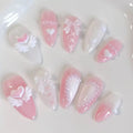 10 Pieces of 3D Heart-Shaped Angel Wings, Translucent White Bowknots, Pearl French-Style Long Almond-Shaped Bridesmaid Lolita Pure Desire Semi-Handmade Nail Stickers, Wedding Bridesmaid Styling, Lolita Dress Matching, Spring