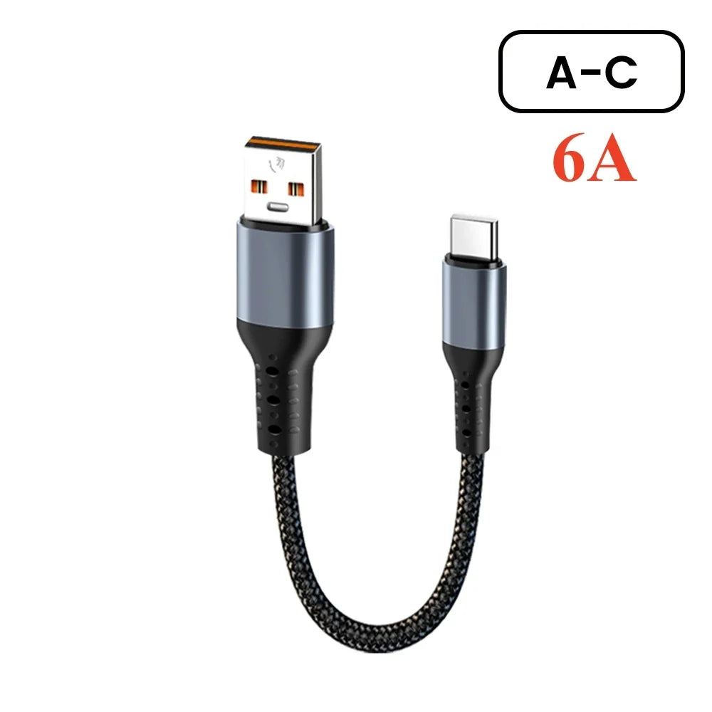 66W 6A Right Angle USB C Cable, Short USB C to USB C / USB A to USB C Braided Fast Charging Power Bank Cord 25CM 50CM for Travel