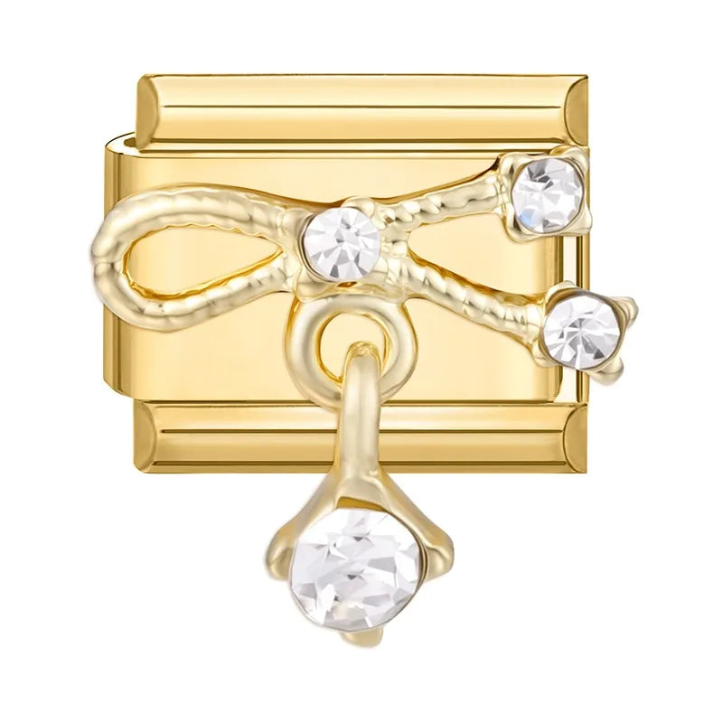 Fashion Dreamy Luxury Gold Color Series Red Heart Bows Zircon  Italian Charms Fit 9mm Stainless Steel Women Bracelet DIY Jewelry