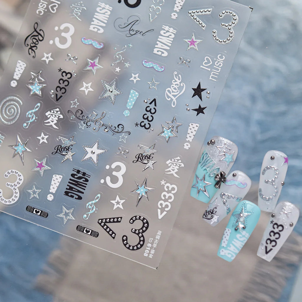 Metal Y2K Millennium Spicy Girl Nail Stickers Blues Vintage Blue Mark Silver Edge Musical Note Star Number Nail Accessories DIY