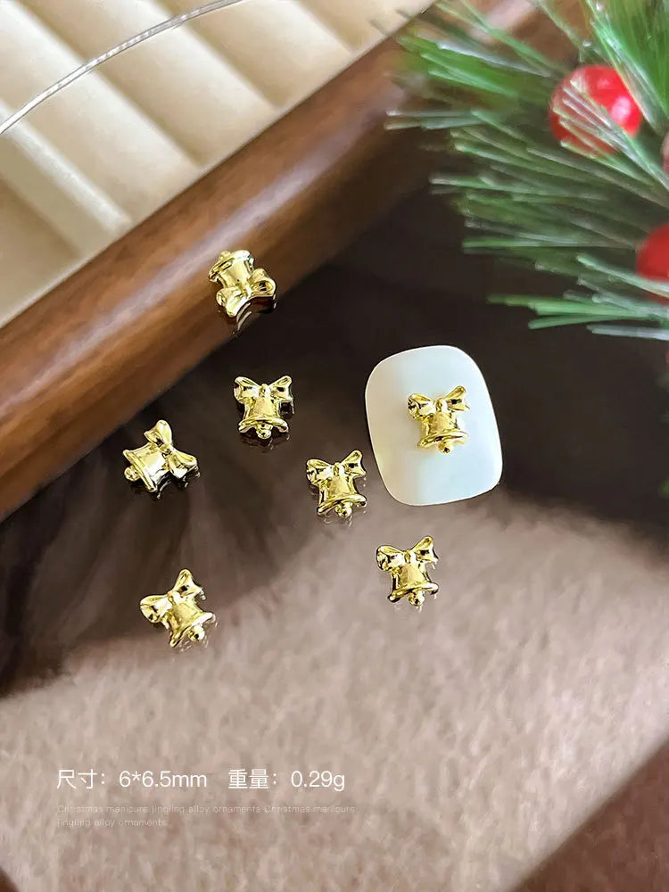 10pc 3D Christmas Bell Nail Art Charms Accessory Bow Gold and Silver Alloy Exquisite Bell Luxury Nails Decorations Supplies DIY