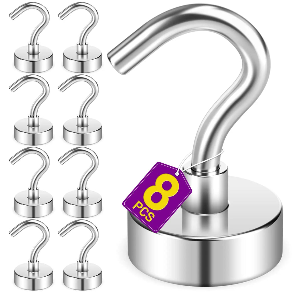 8 Pack Silver 20Lbs+ Heavy Duty Strong Magnet Hooks for Cruise Cabins, Fridge, Kitchen, Classroom, Grill and Home