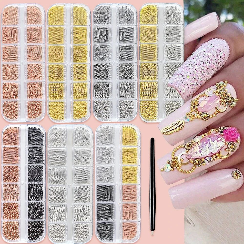 12Grids Gold/Silver Steel Beads Nail Art Charms Christmas Mixed-Size Caviar Bead With 1 Magnetic Pen Manicure Decor Rhinestones